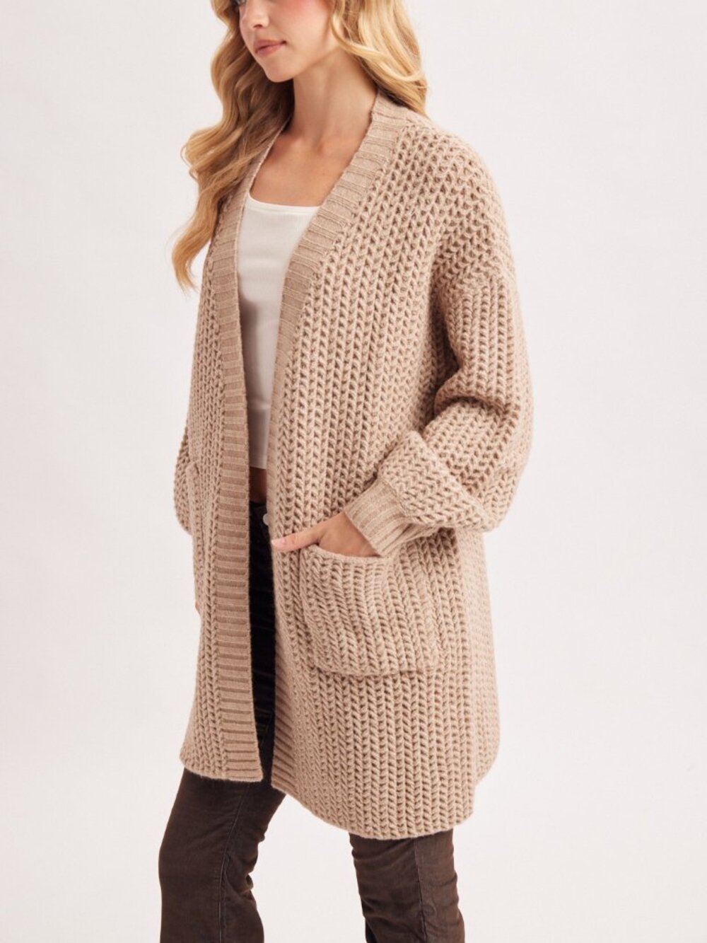 Open-front Waffle Chunky Knit Cardigan - Picture 7 of 12